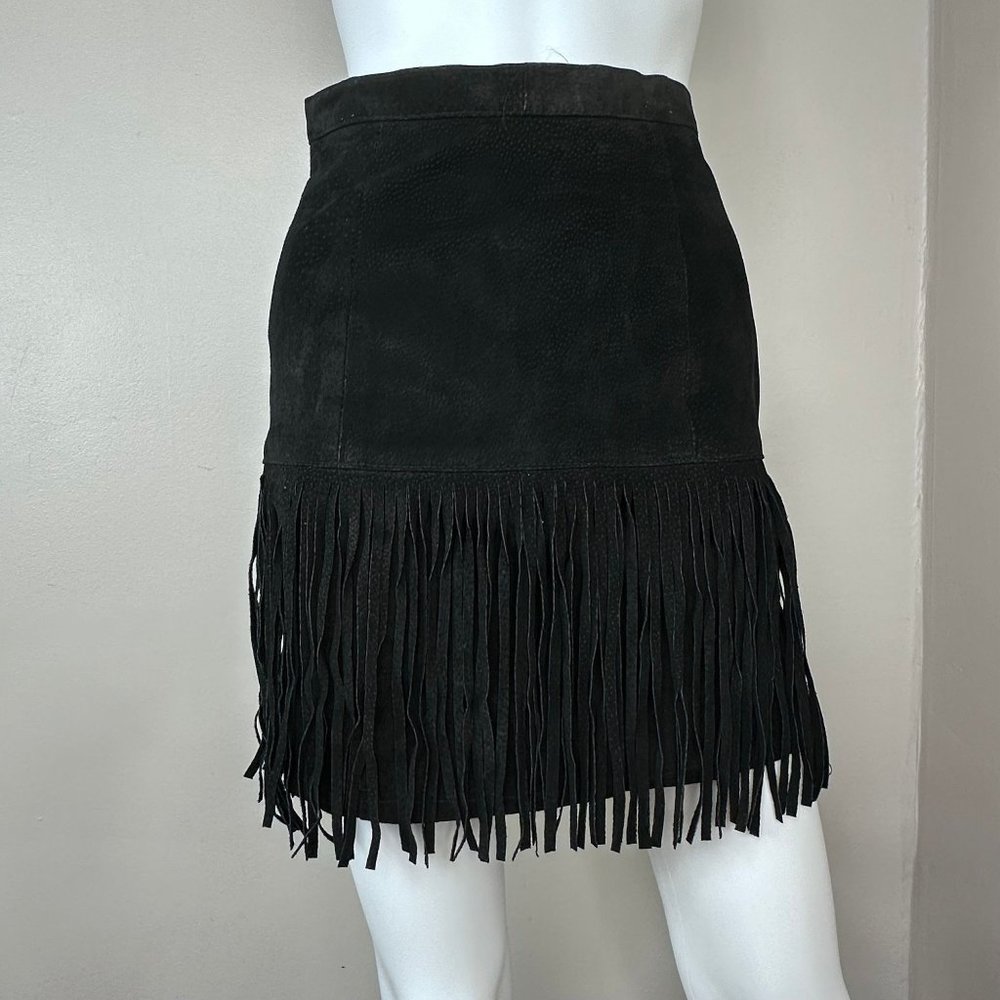 Vintage 1980s Black Leather Mini Skirt with Fringe S&U Leather Fashions Size XXS